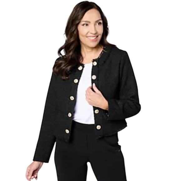 Susan Graver Jackets & Blazers - QVC Susan Graver Cropped Tweed Blazer w/ Fringe Detail BLACK NWOT Size 12